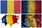 national colorful realistic flag of romania in different styles and with different textures on the white background.collage