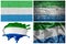 national colorful realistic flag of sierra leone in different styles and with different textures on the white background.collage
