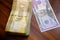 national currency of Sri Lanka, paper money bills Rupee banknotes, coins on wooden table, devaluation, high inflation of state,