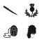 National Dirk Dagger, Thistle National Symbol, Sporran,glengarry.Scotland set collection icons in black style vector