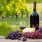 National drink wine day. 18 February. Grape wine in a bottle and glass full of alcohol drink. Red wine splashed bottle with wine