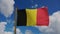 National flag of Belgium waving 3D Render with flagpole and blue sky, Kingdom of Belgium coat of arms of Royaume de