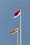 National flag of Brunei and Indonesia on bright blue sky background. Blown away by wind.