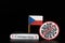 National flag of Czech republic with cell of covid-19 and word coronavirus. Fast spreading disease worldwide. Covid-2019 is