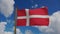 National flag of Denmark waving 3D Render with flagpole and blue sky, Dannebrog with white Scandinavian cross textile