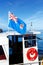 National flag of Fiji flying on a small boat docked at Korean Wharf on Taveuni Island, Fiji