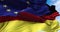 The national flag of Germany waving in the wind together with the European Union flag blurred in the foreground