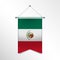 The national flag of the MEXICO with textile texture. Triangle flag hanging on a pole. Vertical mexican icon flag for