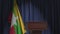 National flag of Myanmar and speaker podium tribune. Political event or statement related conceptual 3D animation