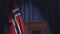 National flag of Norway and speaker podium tribune. Political event or statement related conceptual 3D animation