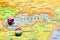 National flag Slovakia pinned on political Europe map. Macro Close up picture on a colorful and blurry world atlas