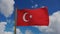 National flag of Turkey waving 3D Render with flagpole and blue sky, Turkish flags textile featuring star and crescent