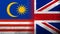 National flag of United Kingdom Great Britain Union Jack with National flag of Malaysia. Grunge background