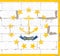 National flag of US state of Rhode Island on white cloth in center in a circle of thirteen golden five-pointed stars. In center is