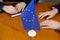 National flags of european union on table and hands of heads of governments, negotiation concept