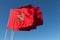 National flags of Morocco above blue sky