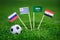 National Flags of Russia, Saudi Arabia, Egypt, Uruguay. Flags on green grass on football stadium