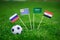 National Flags of Russia, Saudi Arabia, Egypt, Uruguay. Flags on green grass on football stadium