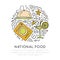 National food hand draw vector icon. Food traveling icon set with decoration and round forms. Sketched food national