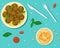 National food of Israel. Flat vector illustration. The view from the top. Falafel and Hummus