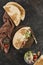 National Greek fast food pita with chicken and fresh vegetables on a wooden Board, dark background, top view