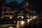 National Guard Convoy drives through a neighborhood at night.