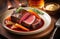 national Jewish cuisine, traditional Jewish dish, Wine-Braised Beef Brisket, meat steak with vegetables, herbs and spices,