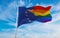 national lgbt flag of European Union flag waving in the wind at cloudy sky. Freedom and love concept. Pride month. activism,