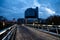 National library early in the morning, bridge with illuminated lights. Minsk, Belarus