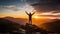 National Live Fearless Day, September 2. A fearless hiker is standing on an overhanging rock enjoying the view on sunset sky