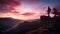 National Live Fearless Day, September 2. A fearless hiker is standing on an overhanging rock enjoying the view on sunset sky