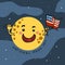 National moon day, Moon wave hand with American flag cartoon illustration