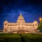 The National Museum at Wenceslav`s Square during a night with blue sky in Prague, Czech Republic Czechia