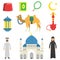 National Muslim cultural symbols. Koran, rosary, lantern, camel, mosque, hookah, fez, Arabian people in traditional