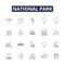 National park line vector icons and signs. National, Nature, Wildlife, Preserve, Reserve, Monument, Recreation, Camping