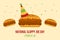 National Sloppy Joe Day greeting card, illustration with cute cartoon style sloppy joe sandwiches with confetti and party hat