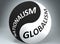Nationalism and globalism in balance - pictured as words Nationalism, globalism and yin yang symbol, to show harmony between