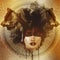 Native American girl with Wolf headdress abstract sepia color.