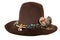 Native American hat with hat band made of raptor claws and turquoise on brown felt with eagle feather