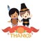 Native American Indian Girl and Pilgrim Boy Holding Hands with Thanksgiving Decoration and Banner Vector Illustration Card