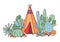 Native American indians traditional tipi, succulents and cactuses. Vector hand drawn color outline doodle sketch illustration