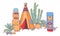 Native American traditional settlements. Tipi, totem poles and cactuses. Color vector hand drawn outline sketch illustration