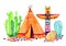 Native American village. Tipi, totem pole and cactuses. Hand drawn watercolor illustration