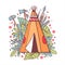 Native American wigwam with succulents, flowers and weapons on background. Vector hand drawn outline color illustration