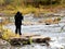 Native American woman taking picture of rapids in the woods