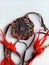 Native handmade dreamcatcher made with red feathers and leather in Canada on a white background