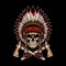 Native indian chief skull with crossed tomahawks on dark background. Design element for logo, label, emblem, sign