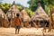 Native kid thatched huts. Generate Ai