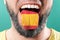 Native speaker. The protruding tongue of a bearded man is close-up, in the colors of the Spanish flag. The concept of learning