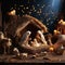 Nativity Scene: Serene depiction of baby Jesus, Mary, and Joseph in a rustic wooden stable under a
